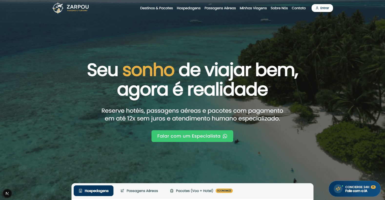 Captura de tela do projeto: Zarpou Viagens e Turismo